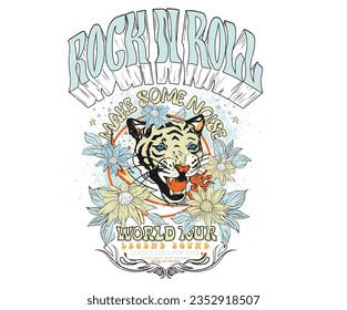 Music world tour poster. Fearless tour design. Make some noise. Rock and roll t-shirt print design. Tiger face with flower art. 