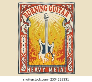 Music world tour. Music is power, Make some noise, Rock and roll artwork. Burning guitar print design for t shirt print, poster, sticker, background and other uses. Fire with guitar artwork.