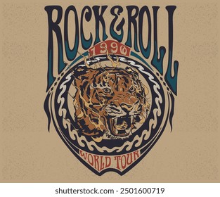 Gira mundial de música. cara de tigre. Mantente fuerte para siempre. Diseño de impresión de tigre intrépido. Salvaje en el Vector del corazón. Arte animal del rock and roll para la moda y otros.