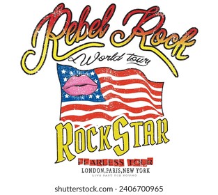 Music world tour. USA flag vintage vector t shirt design. Rock and roll  logo artwork for apparel and others. Rebel rock poster design. Rock star.