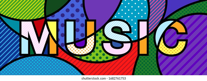 MUSIC written word Modern colourful pop art graphic element for your design. Vector typo lettering artistic illustration in pop-art comic style.