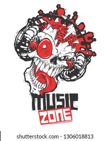 Music zone. An abstract skull explodes from the music from the headphones