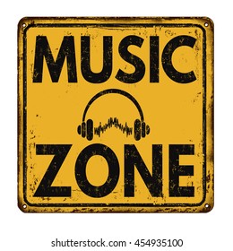 Music zone vintage rusty metal sign on a white background, vector illustration