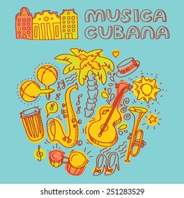 Musica cubana, Salsa music and dance illustration with musical instruments with palms, etc. Vector modern and stylish design elements set