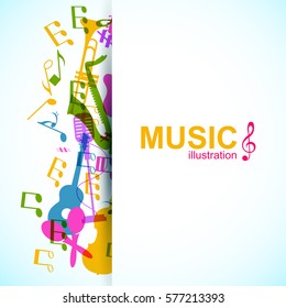 Musical abstract background with place for text colorful music instruments and notes silhouettes vector illustration