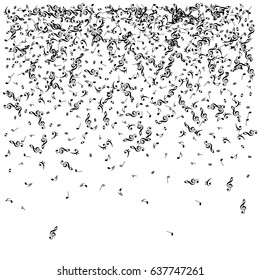 Musical abstract vector background with black music notes falling down. Decorative pattern with music signs confetti on white. Music festival background.