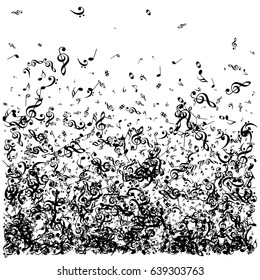 Musical abstract vector background with black music notes falling down or rising up. Decorative pattern with music signs confetti on white. Music festival background.