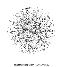 Musical abstract vector background with black music notes arranged in a circle. Decorative pattern with music signs confetti on white. Music festival background, graphical border or frame.