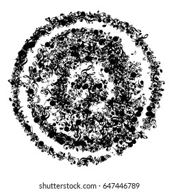 Musical abstract vector background with black music notes arranged in a circle. Decorative pattern with music signs confetti on white. Music festival background, graphical border or frame.