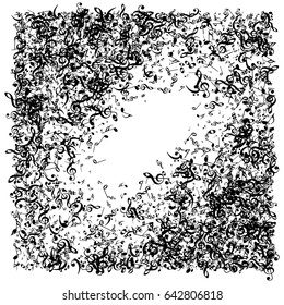 Musical abstract vector frame with black music notes. Decorative pattern with music signs confetti on white. Music festival background, graphical border or frame.