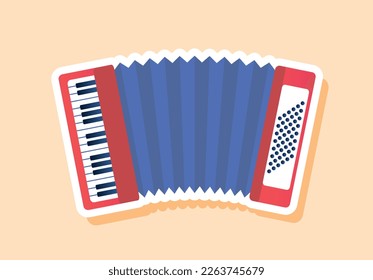 Musical accordion sticker. Melody keyboard instrument. Creativity and art. Sticker for social networks and messengers. Symphony and melody. Cartoon flat vector illustration