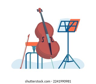 Musical acoustic instrument. Learning to play cello. Music stand and chair. Orchestra performance. Jazz band. Musician concert. Violoncello and bow. Cellist education