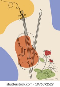 Musical acoustic instrument violin with strings and bow. Minimalist design, freehand composition, modern style. Elegant continuous lines poster for a Scandinavian interior.