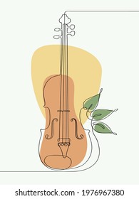 Musical acoustic instrument violin with strings and bow. Minimalist design, freehand composition, modern style. Elegant continuous lines poster for a Scandinavian interior.