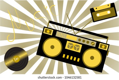 Musical analogue retro old hipster vintage gramophone vinyl record, audiocassette, musical tape recorder from the 80s 90s and an inscription of music on the background of the rays. Vector illustration