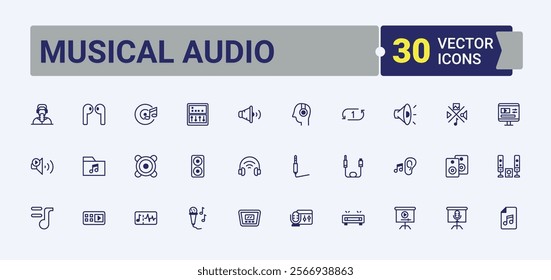 Musical Audio linear icon. Featuring listening, drum, audio, instrument, player, speaker, music and more. Collection for mobile and web apps. Vector outline and solid icons collection.