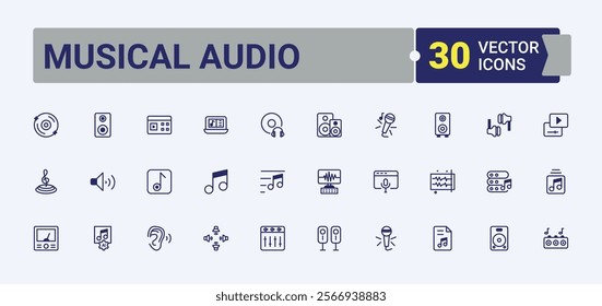 Musical Audio linear icon. Featuring listening, drum, audio, instrument, player, speaker, music and more. Collection for mobile and web apps. Vector outline and solid icons collection.