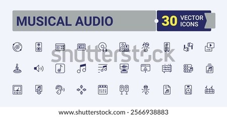 Musical Audio linear icon. Featuring listening, drum, audio, instrument, player, speaker, music and more. Collection for mobile and web apps. Vector outline and solid icons collection.