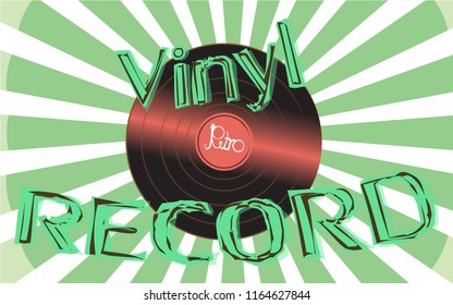 Musical audio is an old vintage retro hipster antique vinyl record and an inscription vinyl record on the background of the 60's, 70's, 80's, 90's on a background of abstract rays. Vector.