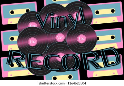 Musical audio is an old vintage retro hipster antique vinyl record and an inscription vinyl record on the background of the 60's, 70's, 80's, 90's on the background of audio cassettes. Vector.