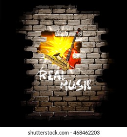 Musical background breakthrough in the brick wall with sax and bass in a flash of bright light.