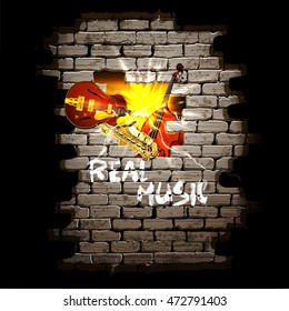 Musical background breakthrough in the brick wall with, jazz guitar and bass in a flash of bright light.