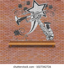 Musical background brick wall with graffiti saxophone and musical trumpet, wooden empty shelf.