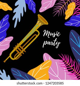 Musical background. Classical trombone, bright leaves and text. Hand drawing flat doodle Vector illustration