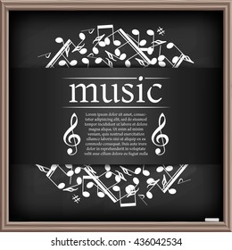 Musical background with clef and notes. Chalkboard effect. Abstract mock up for web sites, printable, music school posters and choir hangouts. 