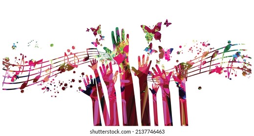 Musical background with colorful musical notes and hands vector illustration design. Artistic music festivals and shows poster, live concert events, party flyer, musical notes signs and symbols	