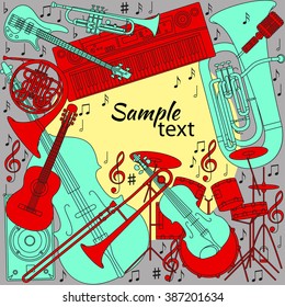 Musical background with different musical instruments, treble clef and notes. Red, yellow, turquoise and gray colors. Set of line icons in music theme. Text place. Vector illustration