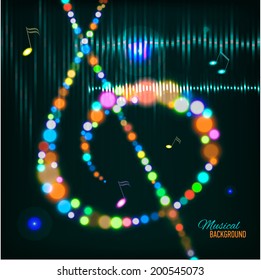 Musical background with digital equalizer and music key and notes. Vector illustration.