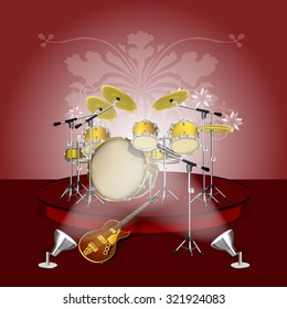 Musical background drum set on a pedestal with a guitar and a microphone, lights bright lights.It can be used as poster advertising with any text or separately.