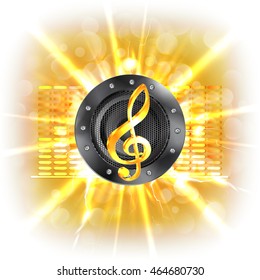 Musical background flash, treble clef with loudspeaker in the background clarified equalizer. Made without borders with whitened, can be used with any text or image on a white background.