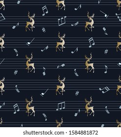 Musical background. Golden deer, musical notes and stave. Seamless striped pattern. Design for textile, festive decoration, background image.