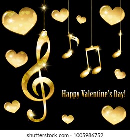 Musical background with golden notes for Valentine's day