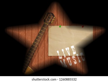 Musical background guitar on a wooden board in the gap and the shadows in the form of a star.