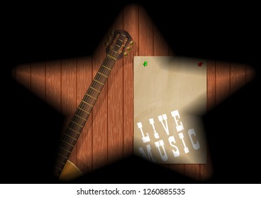 Musical background guitar on a wooden board in the gap and the shadows in the form of a star.