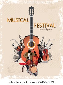 Musical background with a guitar, a saxophone, a contrabass, a pipe, an accordion, a violin, drums. Musicians.
