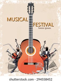 Musical background with a guitar, a saxophone, a contrabass, a pipe, an accordion, a violin, drums