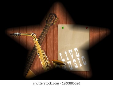 Musical background guitar and saxophone on a wooden board in the gap and the shadows in the form of a star.