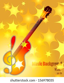 Musical background. Guitar and treble clef on the gold stars background. Vector. eps 10.