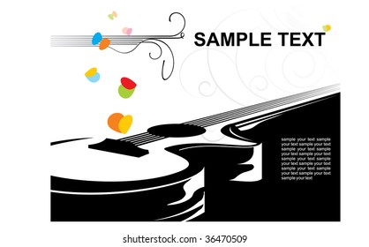 A musical background with a guitar. Vector illustration for use as a filer or poster.