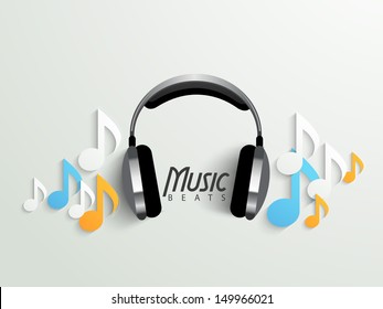 Musical background with headphone and colorful music notes, can be use as banner, flyer, poster or background. 