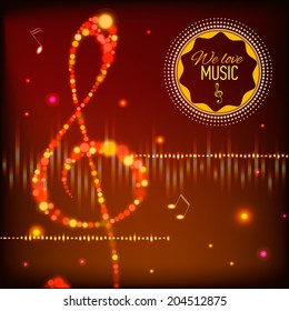Musical background with musical key and notes and digital equalizer. Badge. Vector illustration.