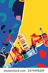 Musical background, listen and download music  concept. Colorful party poster with music instruments