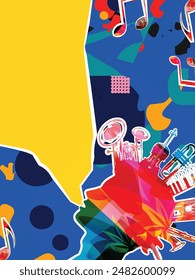 Musical background, listen and download music concept. Colorful party poster with music instruments