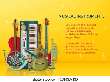 Musical background made of different musical instruments, treble clef and notes. Text place. Colorful vector illustration.