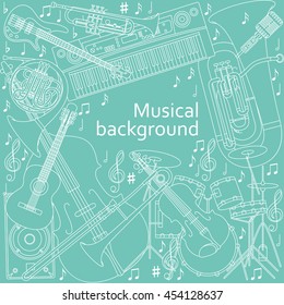 Musical background made of different musical instruments, treble clef and notes. Blue and white colors. Vector illustration.