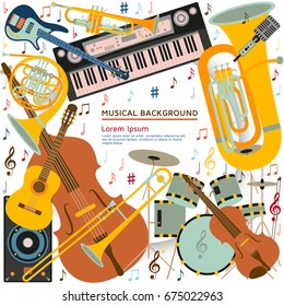 Musical background made of different musical instruments, treble clef and notes. Text place. Colorful vector illustration.